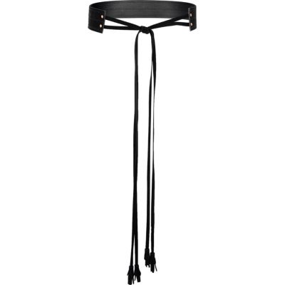 Black longline tassel waist belt